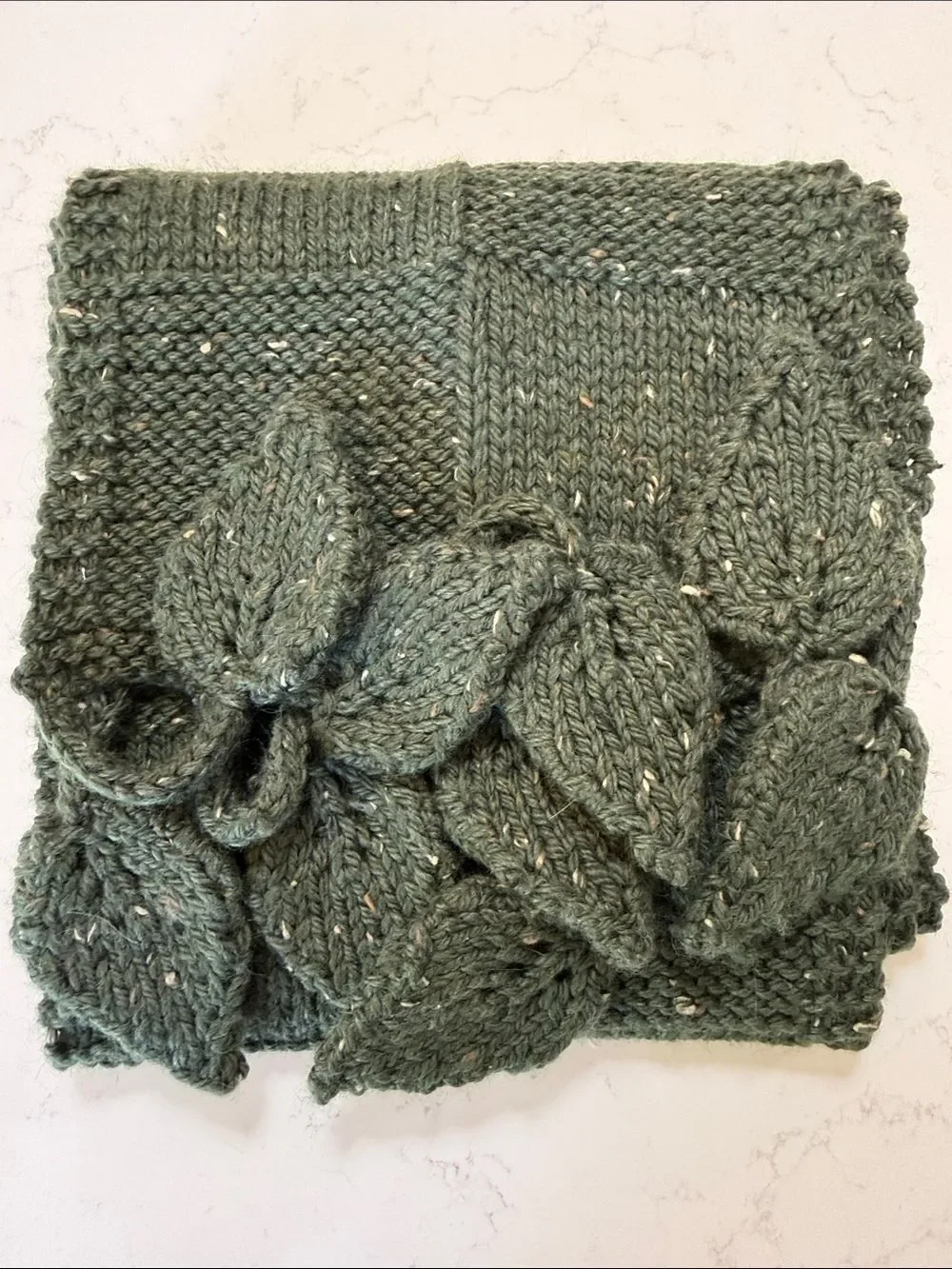 Handmade Dark Olive Knit Scarf with Leaf Tassels